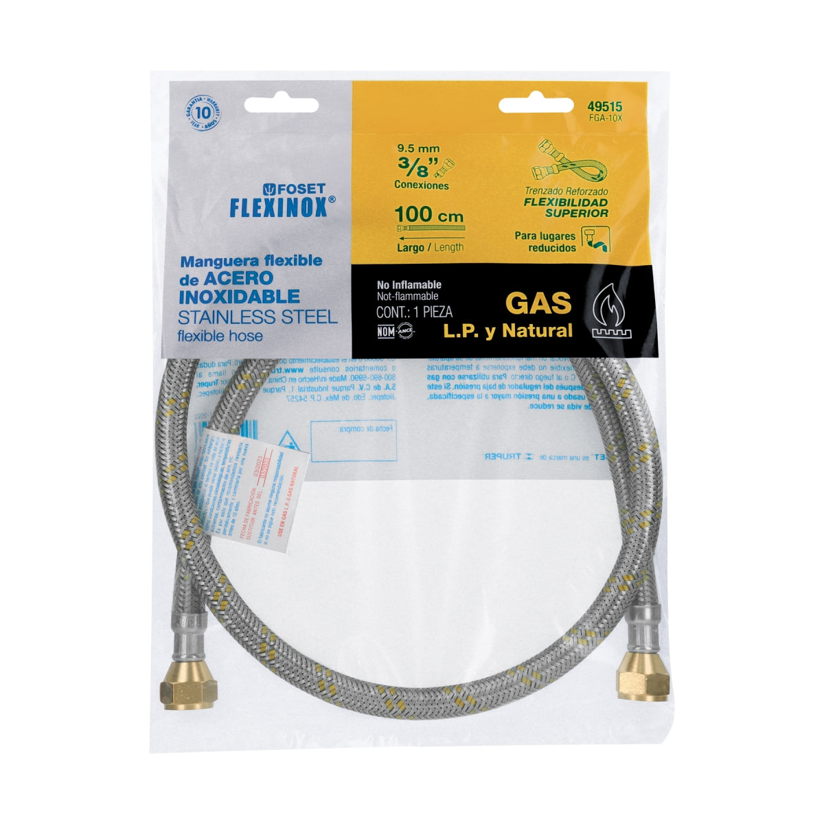 Manguera p/gas 1m acero inoxidable 3/8" x 3/8" SKU:'49515