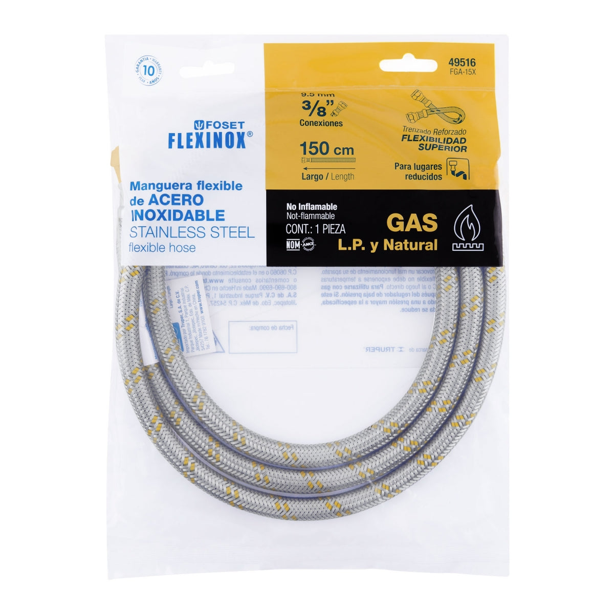 Manguera p/gas 1.5m acero inoxidable 3/8" x 3/8" SKU:'49516