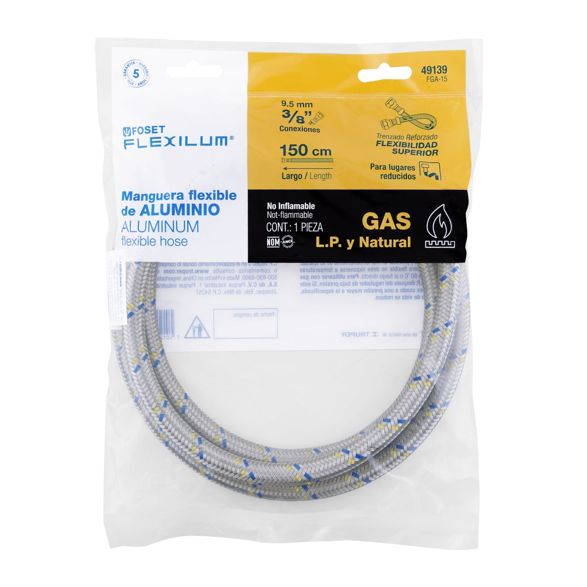 Manguera p/gas 1.5m aluminio 3/8" x 3/8" SKU:'49139