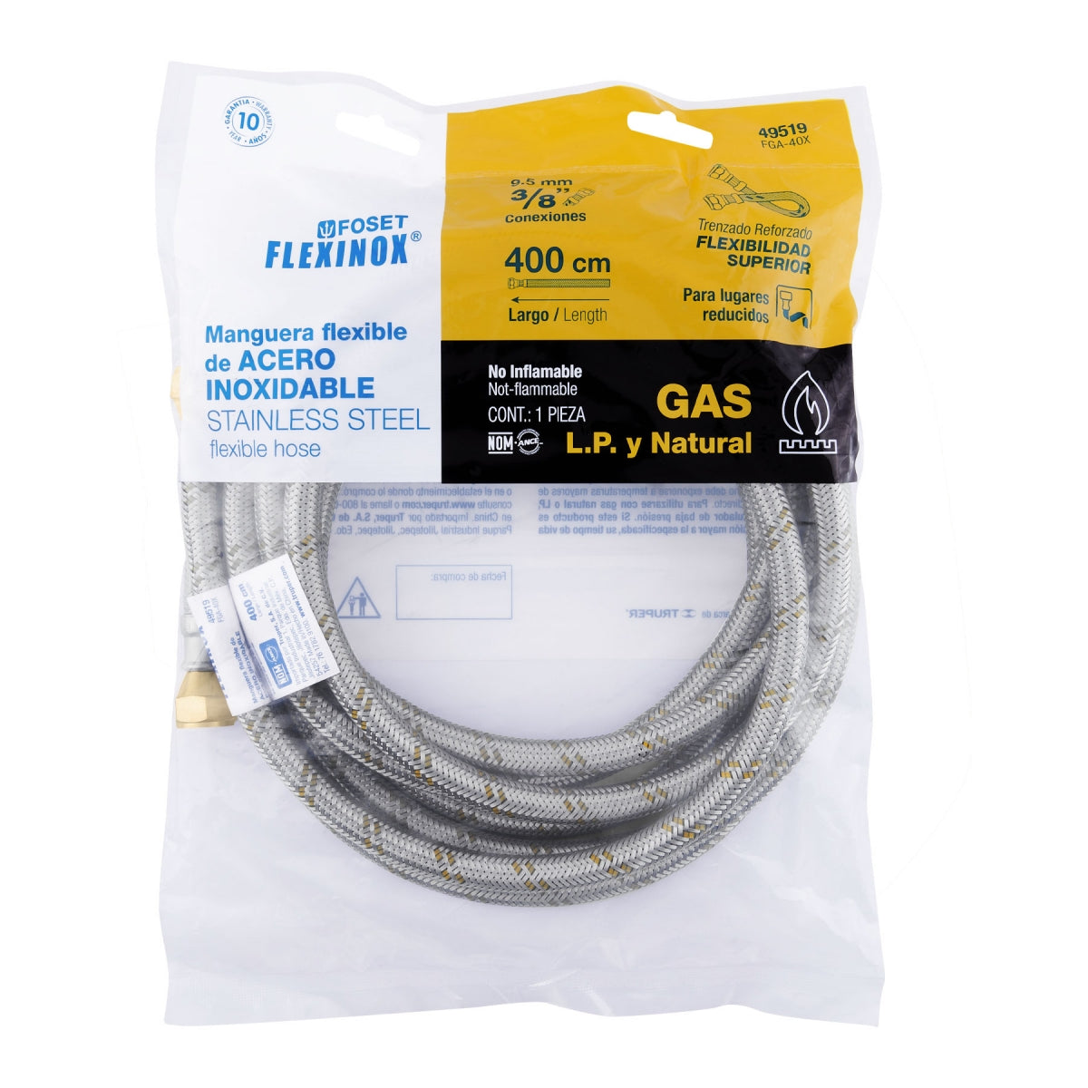 Manguera p/gas 4m acero inoxidable 3/8" x 3/8" SKU:'49519