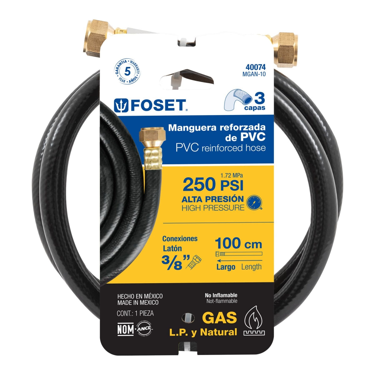 Manguera p/gas alta presión 1m PVC reforzado 3/8" x 3/8" SKU:'40074