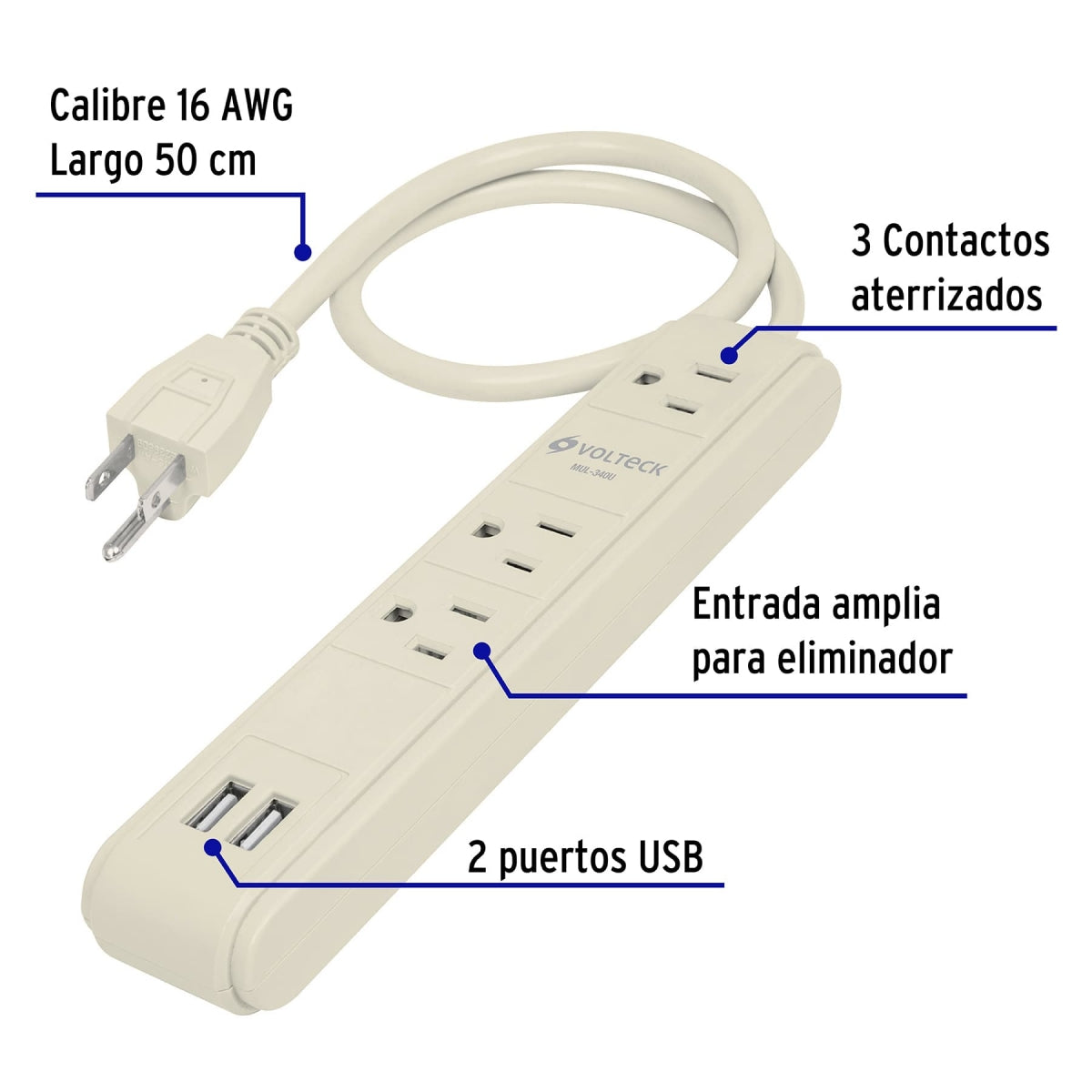 Multicontacto 3 entradas + 2 puertos USB SKU:'46089