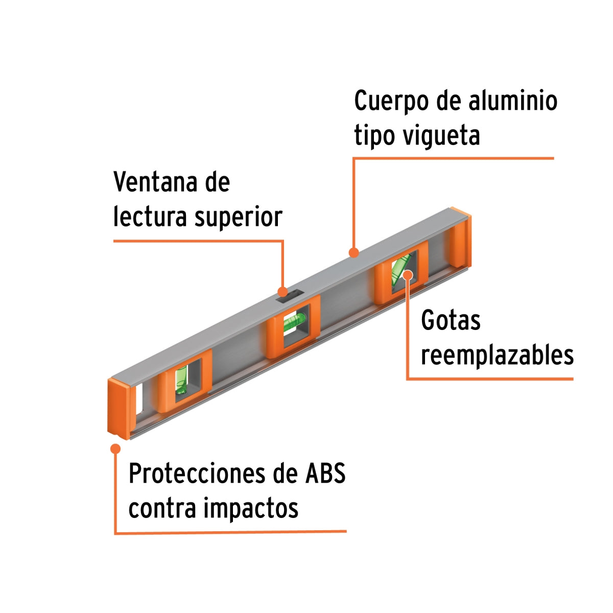 Nivel aluminio y ABS 18" 2 gotas SKU:'17034