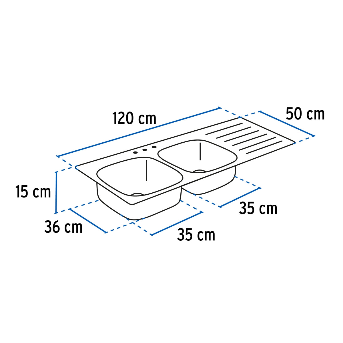 Tarja doble tina derecha empotrar c/escurridero 120x50cm (304) SKU:'45061