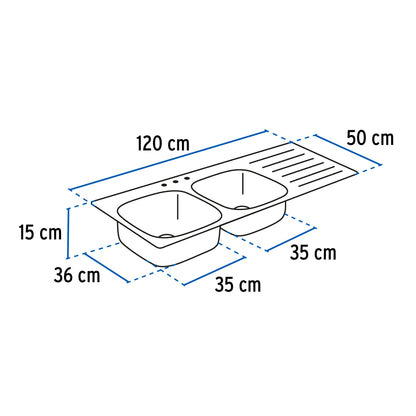 Tarja doble tina derecha empotrar c/escurridero 120x50cm (304) SKU:'45061