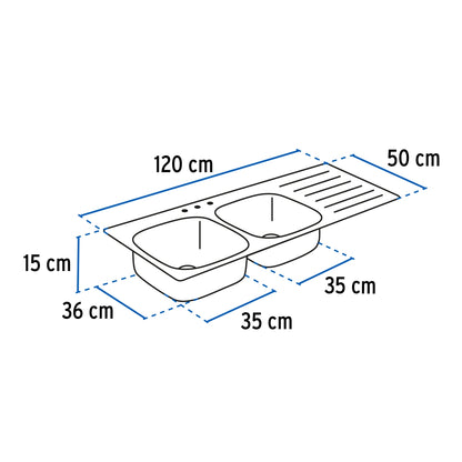 Tarja doble tina izquierda empotrar c/escurridero 120x50cm (304) SKU:'45060