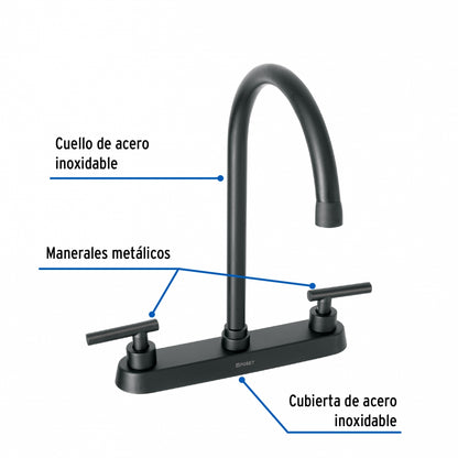 Mezcladora metálica 8" cuello alto p/fregadero negro mate manerales tipo palanca (Tubig) SKU:'46773