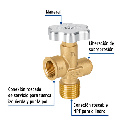 Válvula para cilindros de gas LP hasta 45kg SKU:'47651